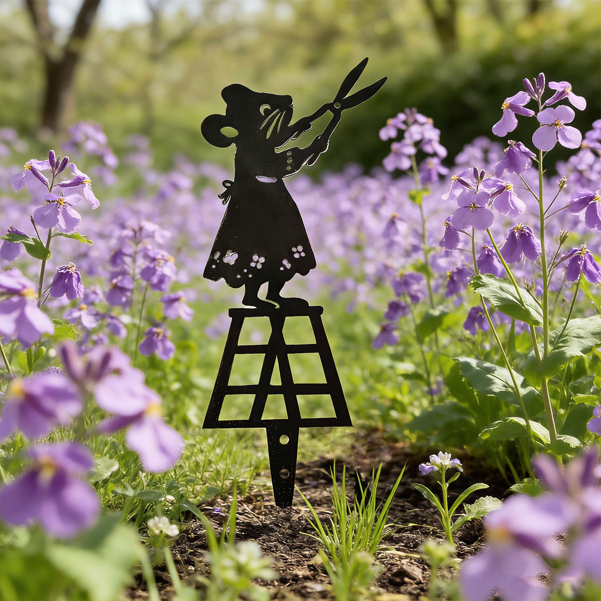Gardening Tools Wholesale - เสาโลหะลายเส้นสีดำสำหรับตกแต่งสวน รูปหนูพร้อมกรรไกร ป้ายตกแต่งสนามหญ้า งานศิลปะสร้างสรรค์ รูปปั้นสัตว์โลหะ เหมาะสำหรับกระถางดอกไม้
