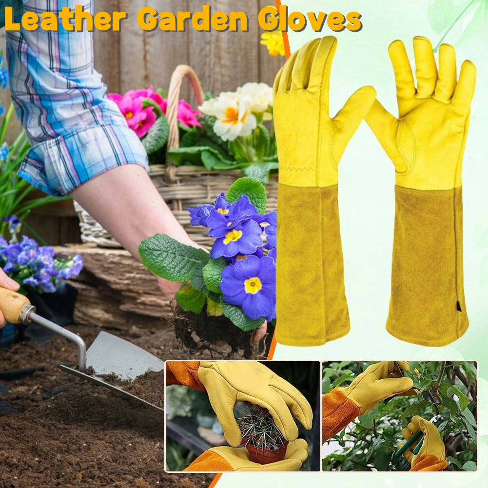 Garden Gloves Thorn Proof - ถุงมือทำสวนกันหนามยาว 1 คู่ ถุงมือทำสวนหนังระบายอากาศได้ ถุงมือป้องกันแรงงาน ถุงมือยาวถึงข้อศอก